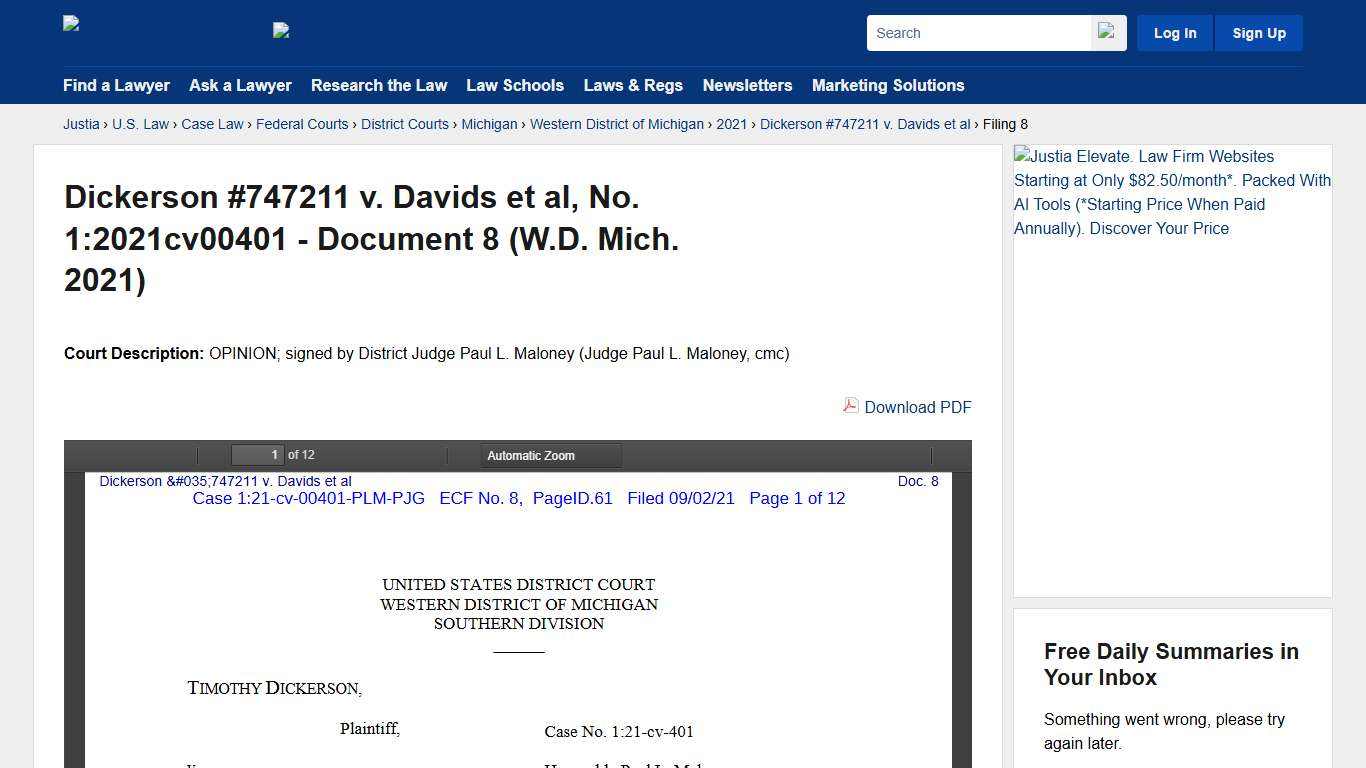 Dickerson #747211 v. Davids et al, No. 1:2021cv00401 - Document 8 (W.D. Mich. 2021) :: Justia